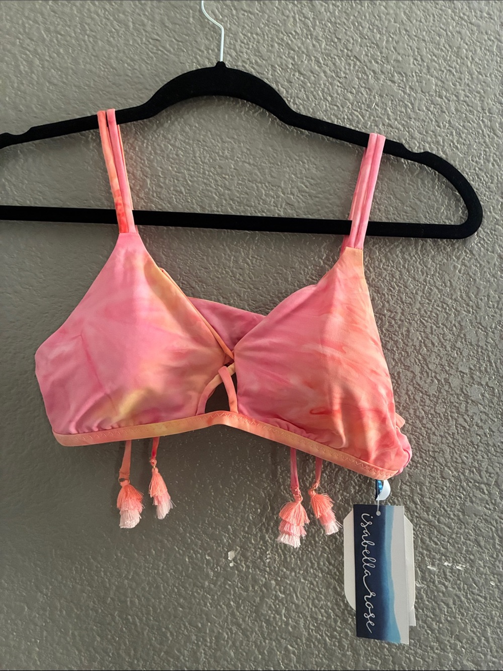 Tie-Dye Pink, Peach and Yellow Bikini Bralette with Tassel Details and bottom